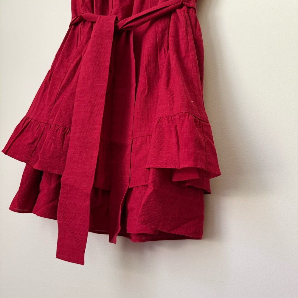 Comptoir Des Cotonniers Red Pleated Ruffle Embroidered Dress with Belt, size L - Picture 3 of 11